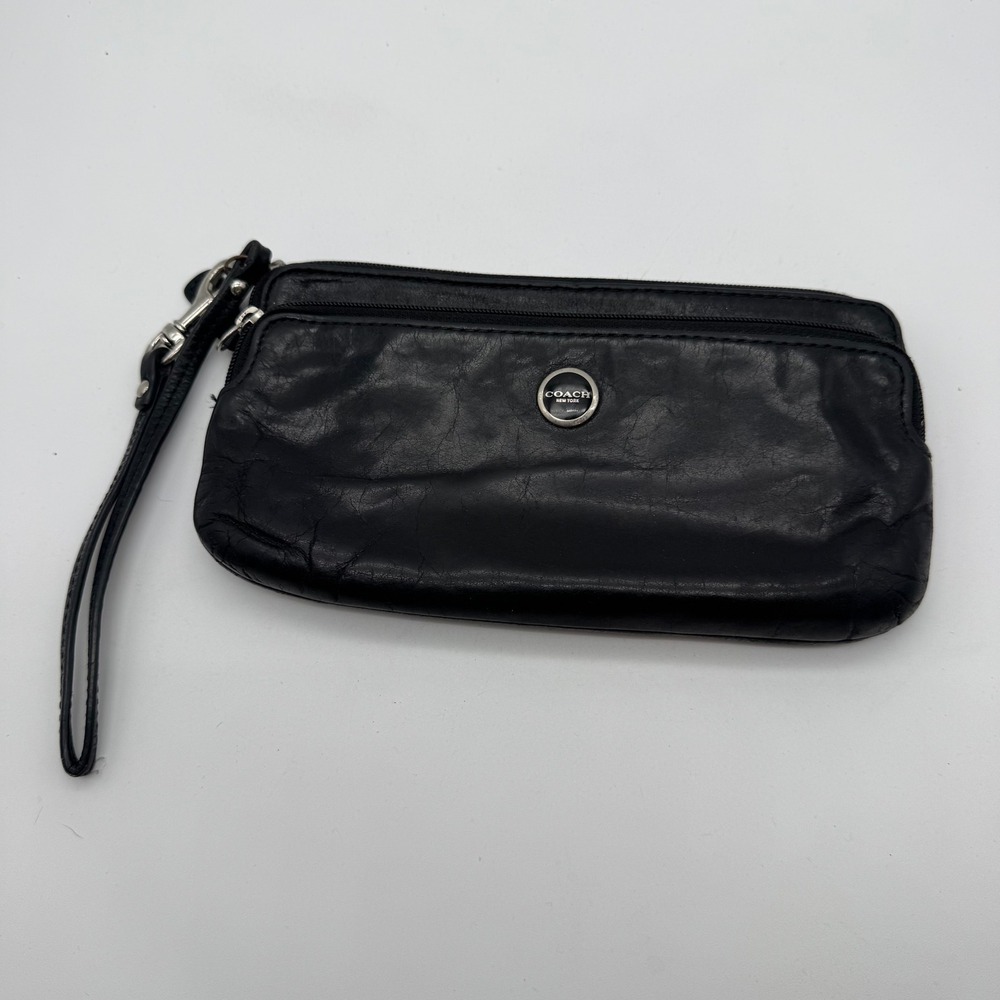 Coach Black Leather‎ Wristlet Clutch Bag Colorful Striped Interior